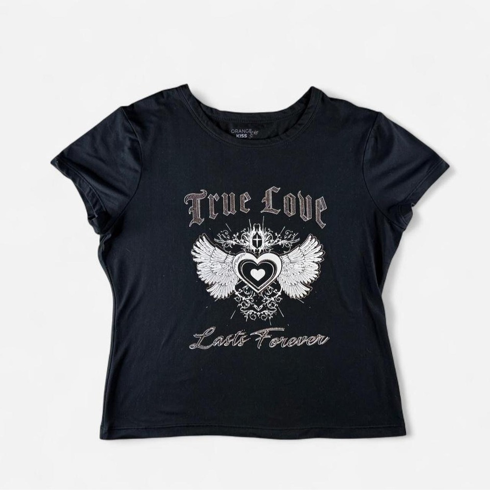 Orange Kiss "Punk Love" Graphic Baby Tee Black Y2K Grunge Heart Wing Top Size XL